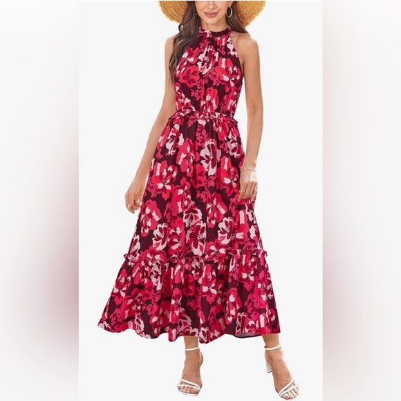 Floral Halter Maxi Dress - Red and Pink - Picture 1 of 3